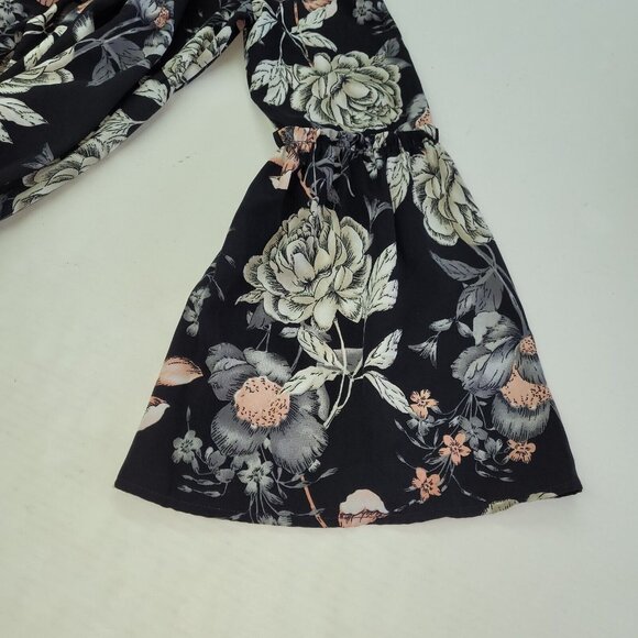 Peach Love Top Womens M Black Floral Collared Bell Sleeve V-Neck‎ Blouse Boho - Picture 8 of 11
